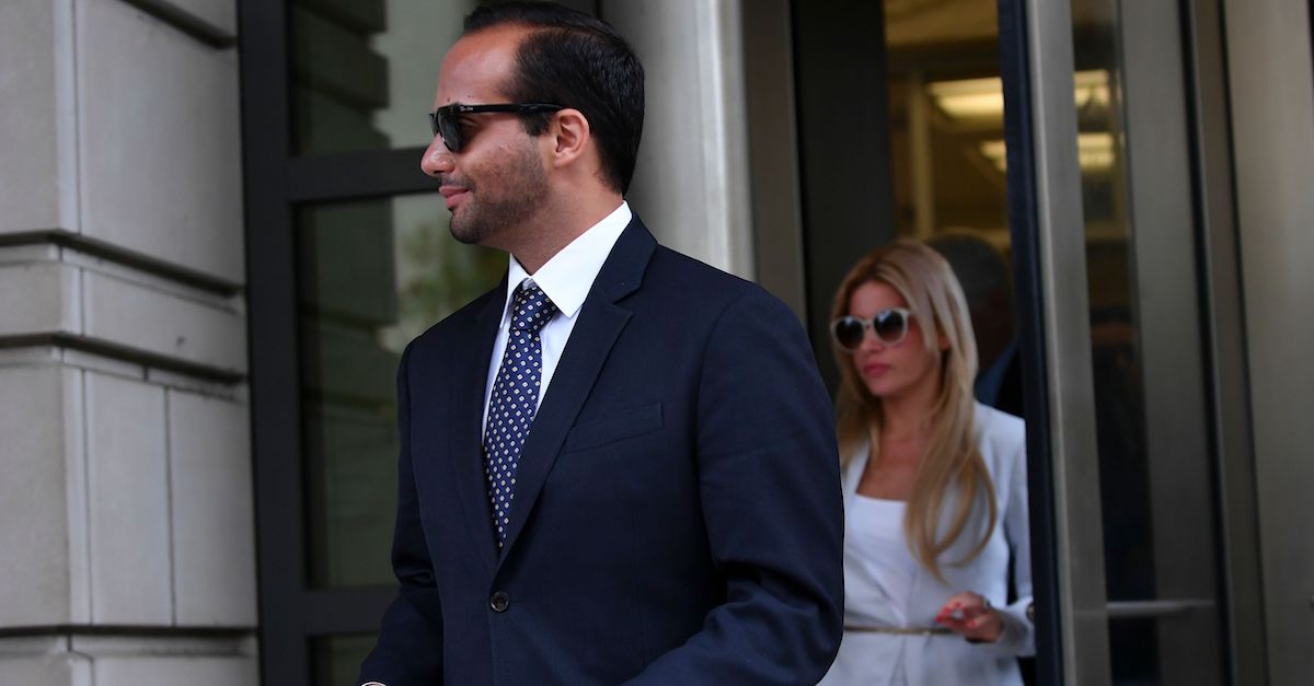 Foreign policy advisor to US President Donald Trump's election campaign, George Papadopoulos and his wife Simona Mangiante Papadopoulos leave the US District Courts after his sentencing in Washington, DC on September 7, 2018. - Papadopoulos was jailed for 14 days for lying to FBI agents over contacts with Russians that set off a federal probe into possible collusion with Moscow. (Photo by MANDEL NGAN / AFP) (Photo credit should read MANDEL NGAN/AFP/Getty Images)