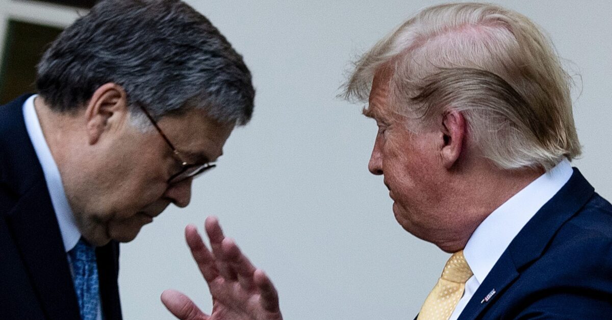 US Attorney General William Barr (L) and US President Donald Trump leave after delivering remarks on citizenship and the census in the Rose Garden at the White House in Washington, DC, on July 11, 2019. (Photo by Brendan Smialowski / AFP)