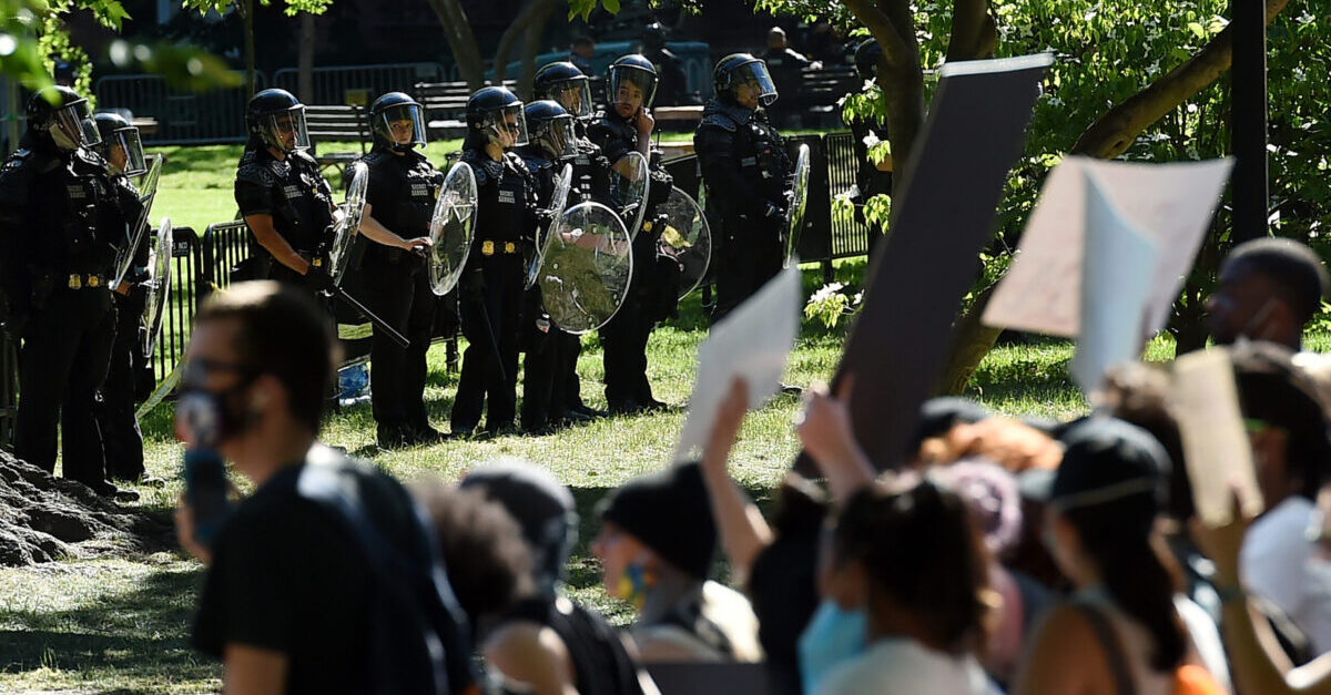 Law enforcement gathered in Lafayette Square on June 1, 2020. (Photo by Olivier Douliery/AFP via Getty Images.)