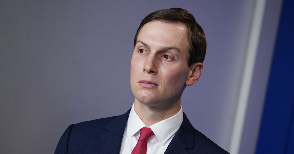 Senior Advisor to the President Jared Kushner looks on during the daily briefing on the novel coronavirus, COVID-19, in the Brady Briefing Room at the White House on April 2, 2020, in Washington, DC.