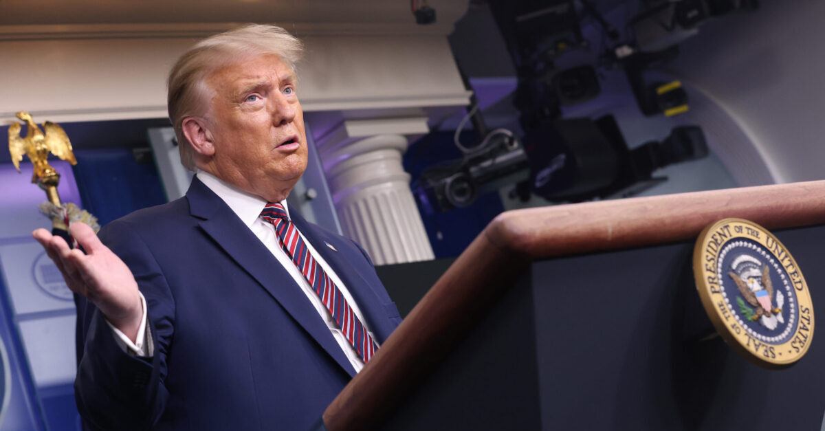 WASHINGTON, DC - AUGUST 12: U.S. President Donald Trump speaks during a briefing at the White House August 12, 2020 in Washington, DC. Trump answered a range of questions during the briefing related to the ongoing pandemic and the U.S. presidential race.