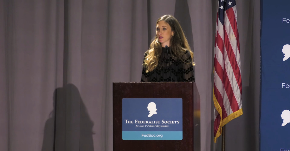 Kat Mizelle speaks at a Federalist Society event