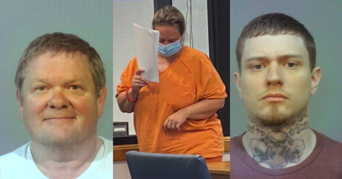 Mugshot of Robert Bellar, image of Deborah Bellar in court, mugshot of Jonathan Bellar.