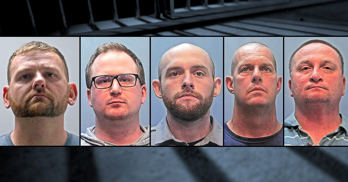 A mugshot array shows Aurora, Colo. Officers Randy Roedema and Nathan Woodyard, former officer Jason Rosenblatt, and paramedics Peter Cichuniec and Jeremy Cooper. All five are indicted in the death of Elijah McClain.