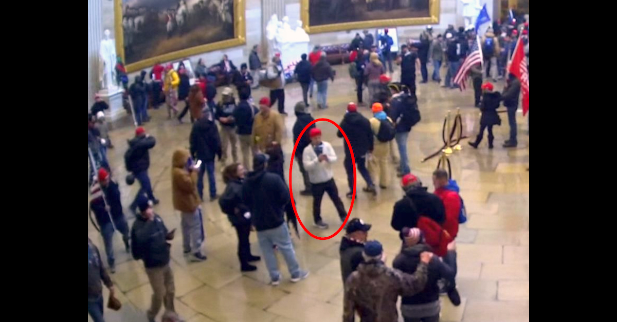 Surveillance images show Capitol siege defendant Mick Chan entering the U.S. Capitol on Jan. 6th.