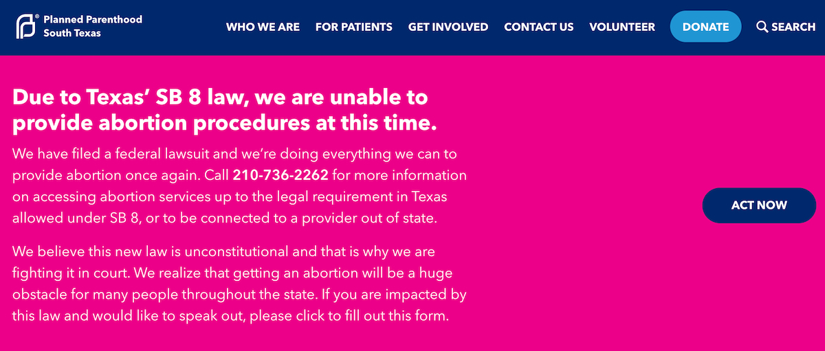 A screengrab shows the Planned Parenthood of South Texas website.