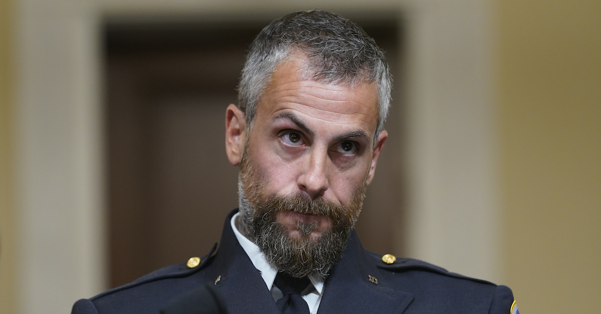 Washington, D.C. Metropolitan Police Department officer Michael Fanone listens during a July 27, 2021 hearing of the House Select Committee investigating the January 6 attack on the U.S. Capitol.  (Photo by Andrew Harnik-Pool/Getty Images)