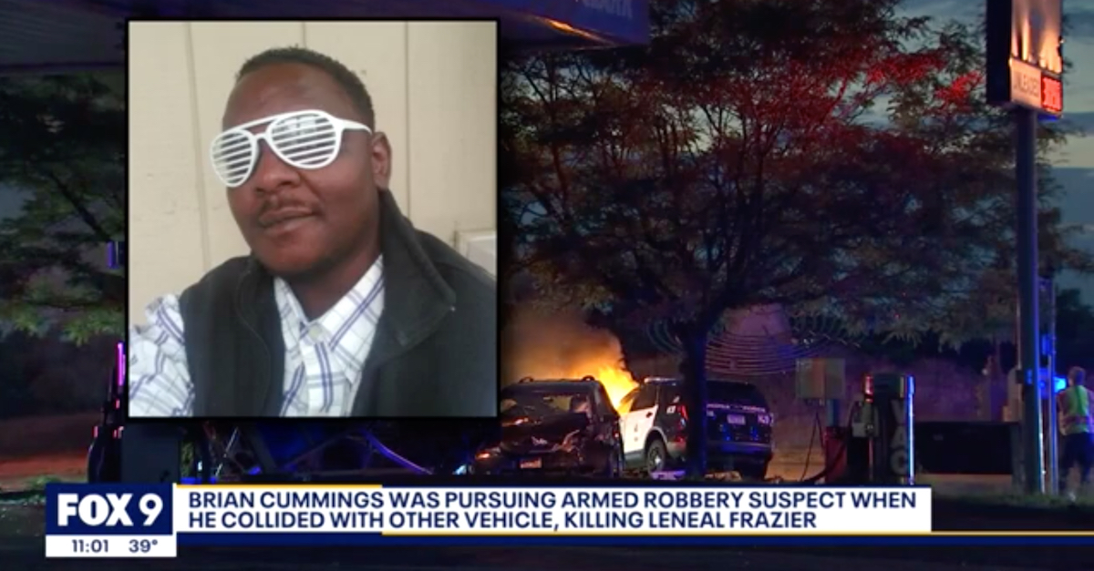 Leneal Frazier (inset) appears in a photo superimposed over video of the aftermath of the violent crash. (Image via KMSP-TV screengrab.)