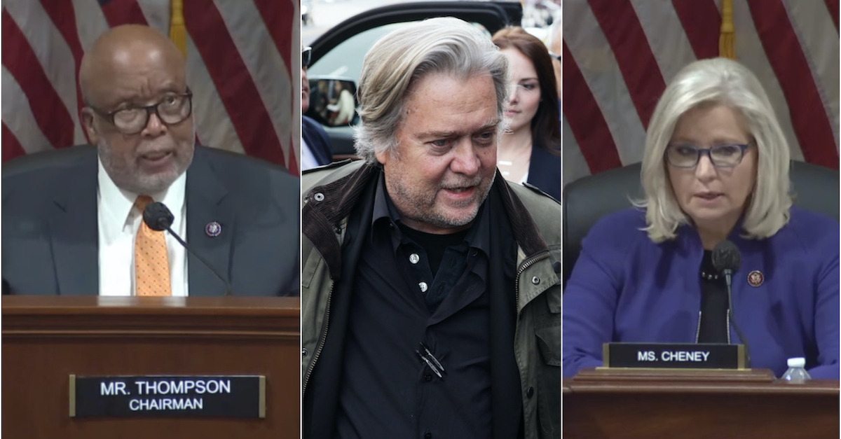 Rep. Bennie Thompson, Steve Bannon, and Rep. Liz Cheney