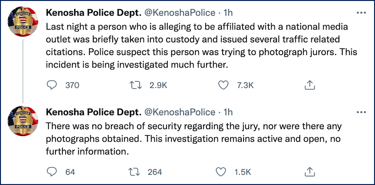 Two tweets by the Kenosha Police Dept. on Thurs., Nov. 18, 2021 appear in screenshots.  The first tweet was issued at 11:59 a.m.; the second was issued at 12:01 p.m.