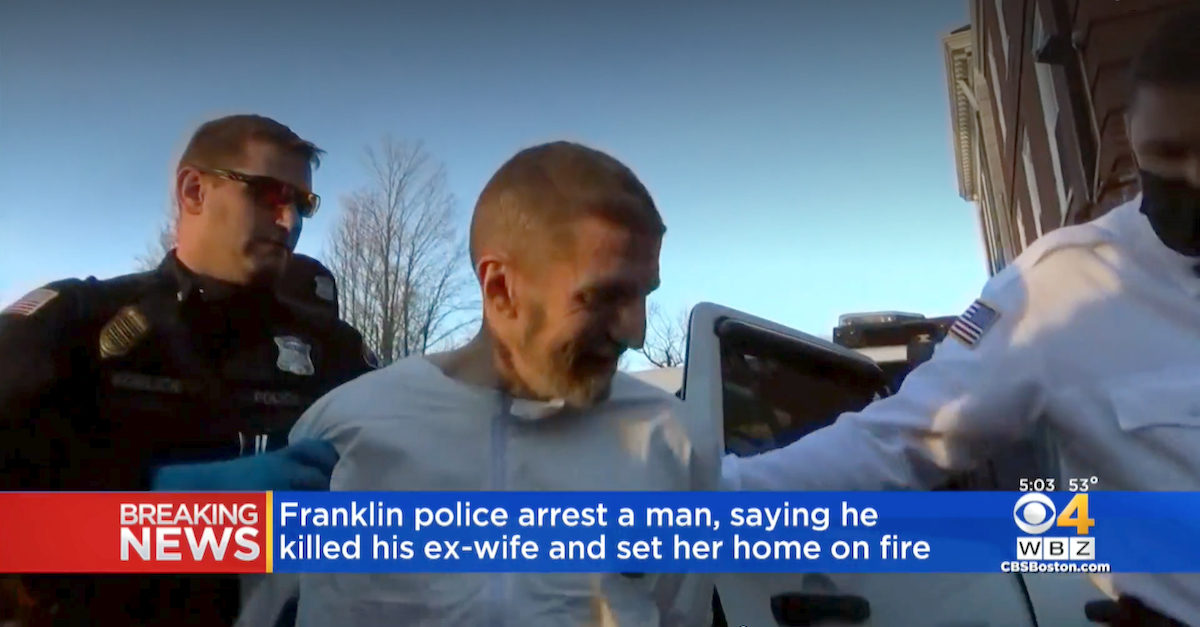 Brendon Owen is seen being led out of a squad car and into a courtroom. (Image via WBZ-TV screengrab.)