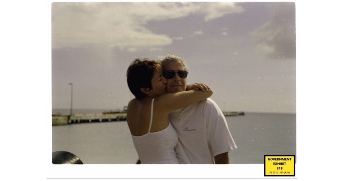 Ghislaine Maxwell embraces Jeffrey Epstein, kissing him on the cheek