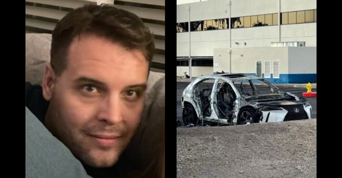 Image of Benjamin Anderson. Image of his burned out car.