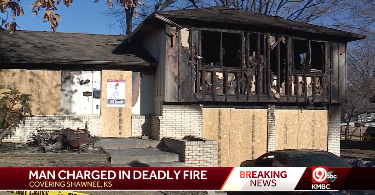 Nicholas Adam Ecker and Karlie Mae Phelps are charged in connection with this Shawnee, Kan. house fire. (Image via KMBC-TV screengrab.)