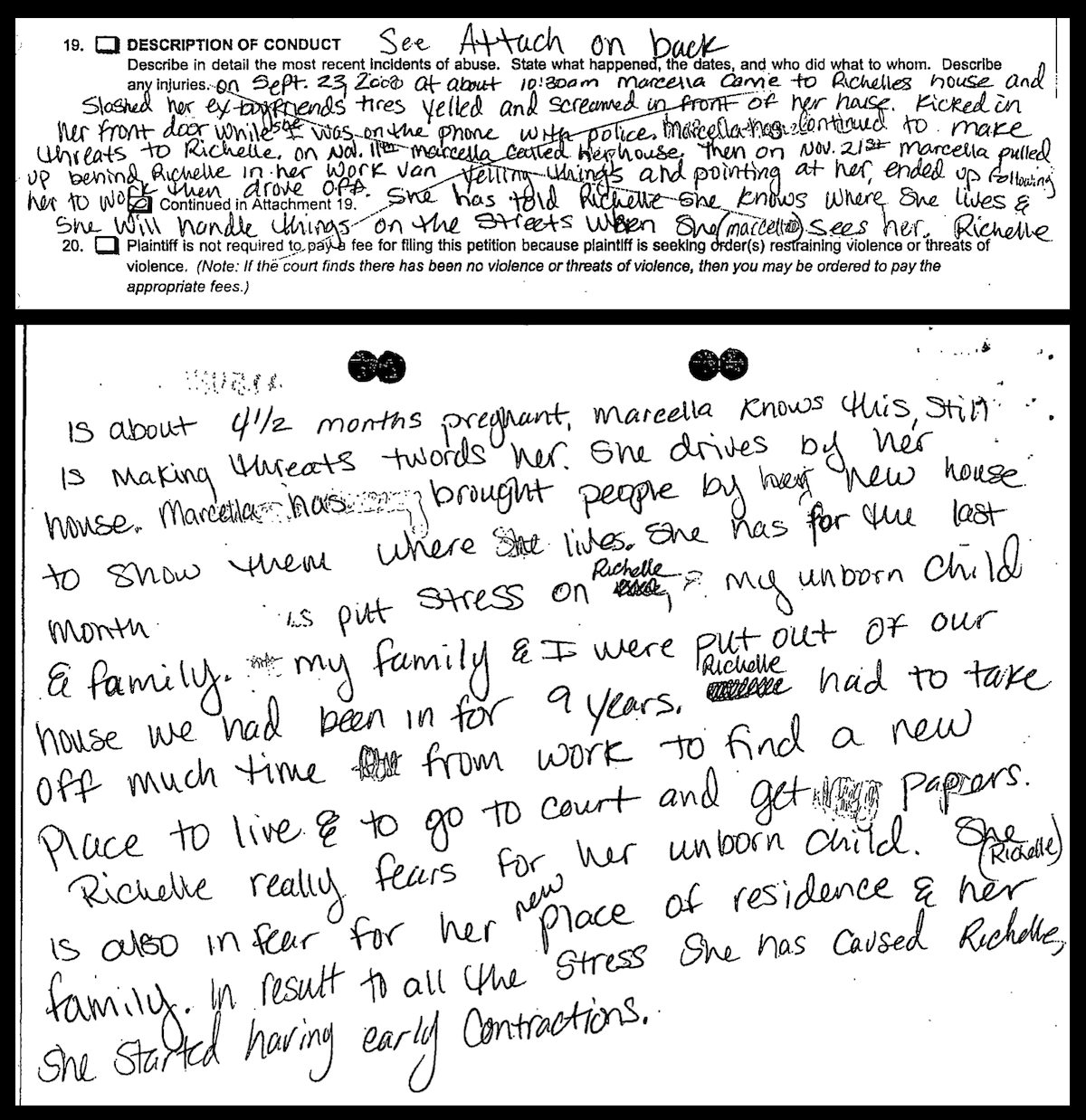 A case file captioned Richelle Nice v Marcella Kinsey drew the attention of Scott Peterson's defense team. In it, Nice said she feared for her unborn baby. The case was number 415040 in San Mateo, Calif. The document is dated Nov. 27, 2000.