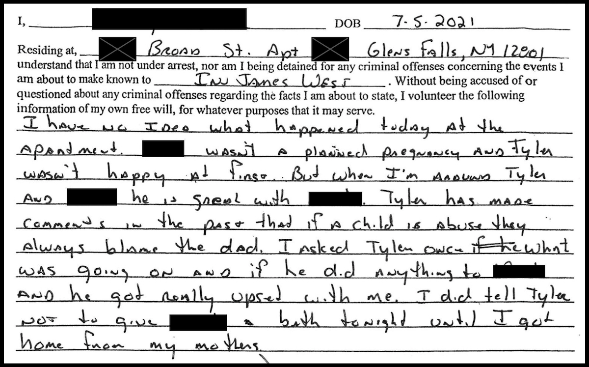 A screen shot shows some of the infant's mother's statement to police.