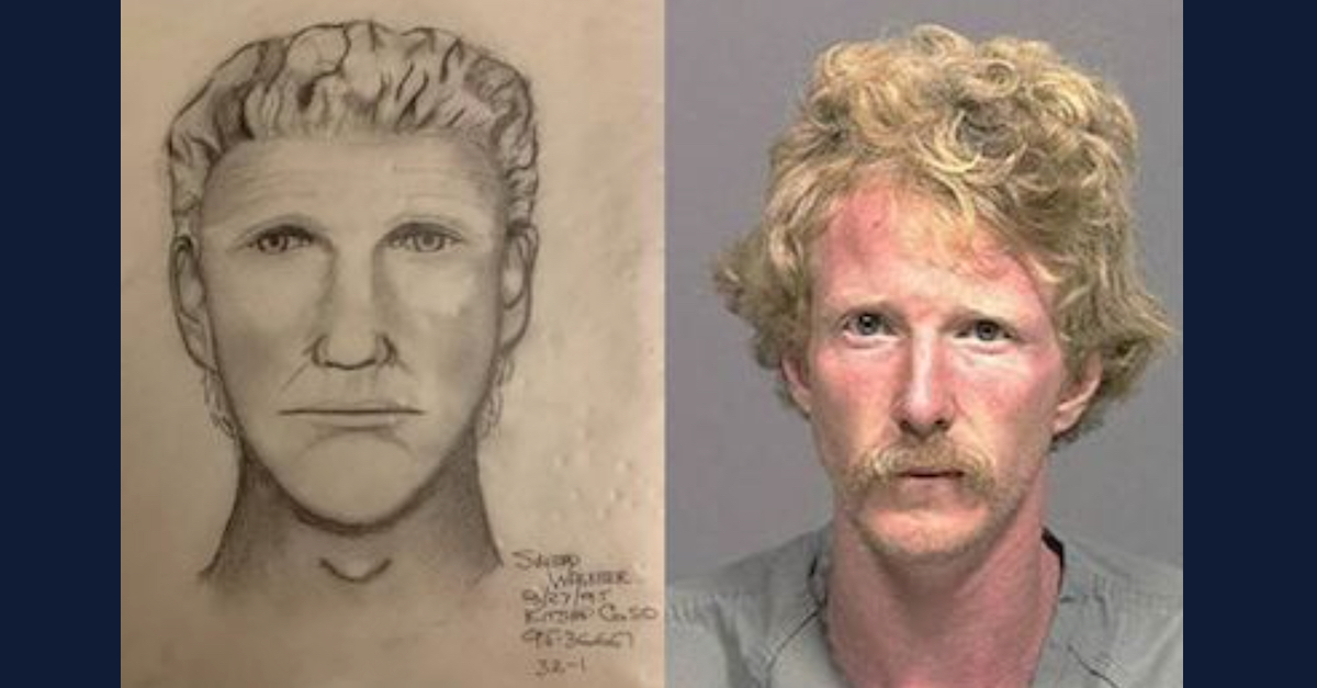 Douglas Keith Krohne in a sketch (L) and mugshot (R)