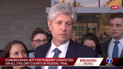 Jeff Fortenberry was surrounded by his wife (left) and some of his children during a press gaggle outside federal court in California.