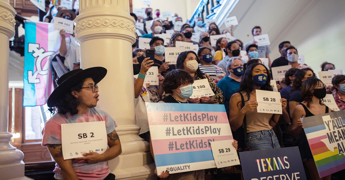 AUSTIN, TX - SEPTEMBER 20: LGBTQ rights advocates gather at the Texas State Capitol to protest Republican-led efforts to pass legislation limiting the participation of transgender athletes gender on the first day of Legislature No. 87