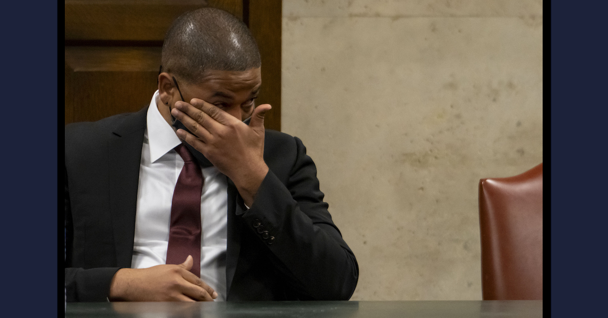 Actor Jussie Smollett tears up while listening to his brother testify at his sentencing hearing Thursday, March 10, 2022. (Image via Brian Cassella/Pool/Chicago Tribune.)