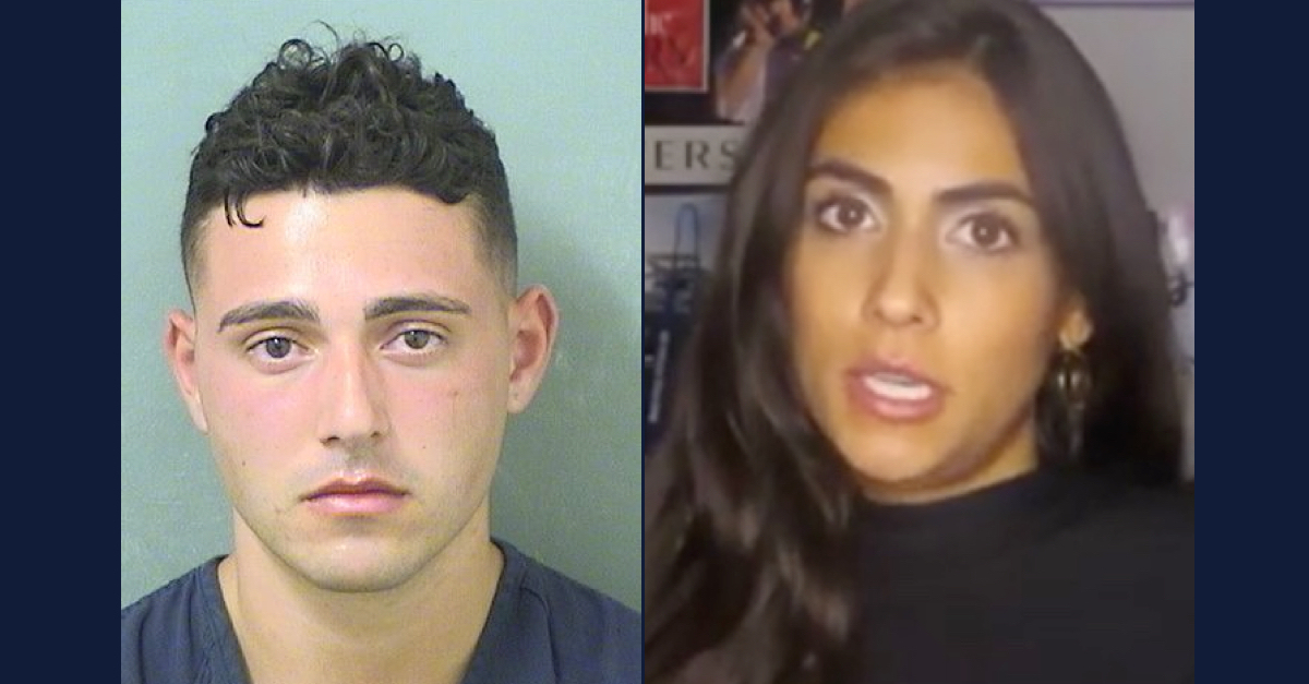 Left: Cole Goldberg in a booking photo from the Palm Beach County Sheriff's Office. Right: Caroline Schwitzky from your YouTube page (screengrab)