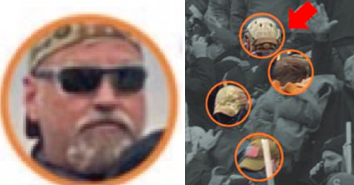 Kelly Meggs in a social media profile picture (left) and as part of the "stack" of members of the Oath Keepers militia group approaching the Capitol on Jan. 6 (right)