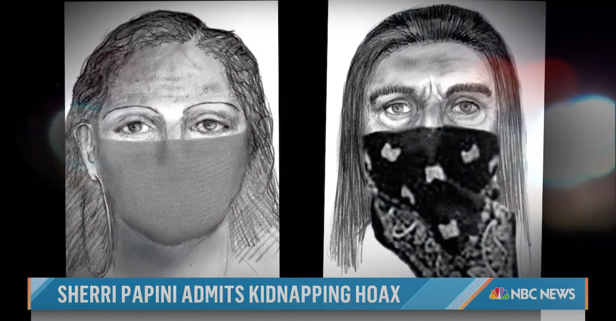 Bu iki eskiz, Sherri Papini'nin kendisini silah zoruyla kaçırdığını iddia ettiği iki kadını gösteriyor.  Şimdi bunların kendi hayal gücünün ürünü olduğunu kabul ediyor - tam ve ayrıntılı bir aldatmacanın parçası.  (NBC News/Today ekran görüntüsü ile görüntü.)