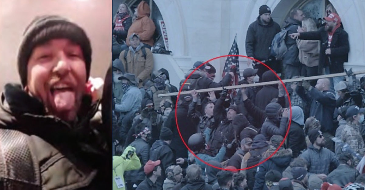 Adam Avery Honeycutt is seen in a screengrab of a video he took from inside a conference room in the Capitol on Jan. 6 (left) and as part of the mob outside the Capitol appearing to help move a plank forward on top of the crowd in an effort to help breach the building.