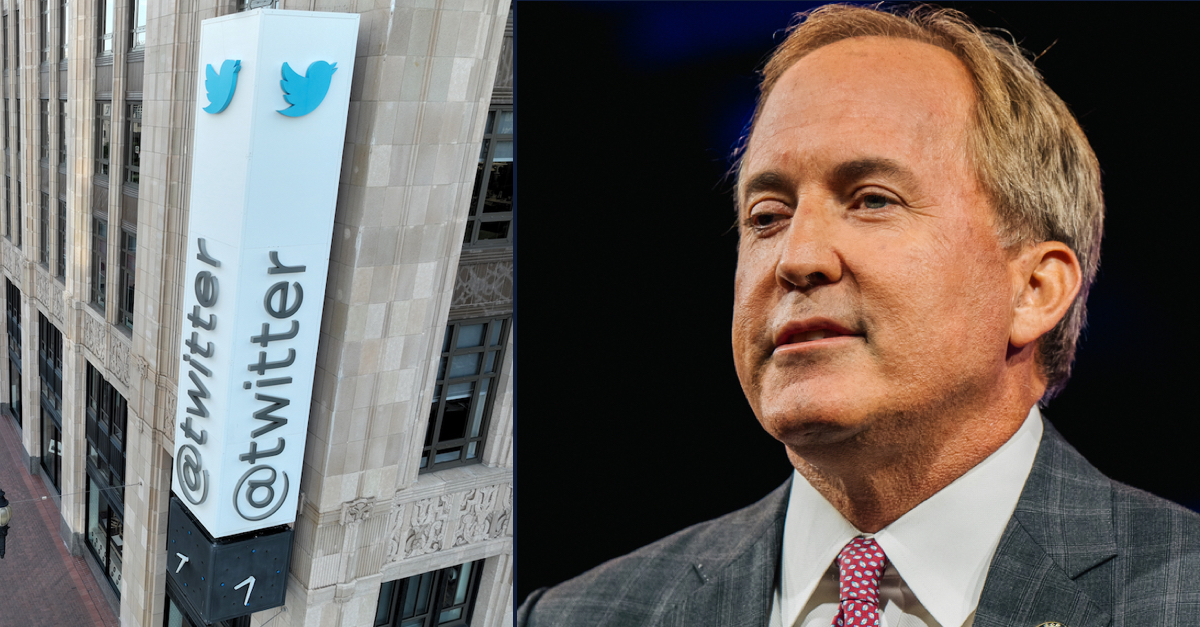 Twitter headquarters in San Francisco, Calif. (right); Texas Attorney General Ken Paxton speaks at the Conservative Political Action Conference (CPAC) in Dallas on July 11, 2021 (left).