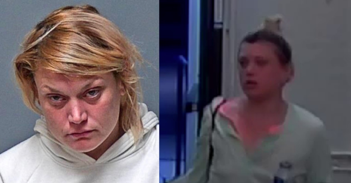 Stephanie Beard pictured in a booking photo, via the Manchester Police Department (left) and in surveillance footage, via the New Hampshire Department of Justice (right). 