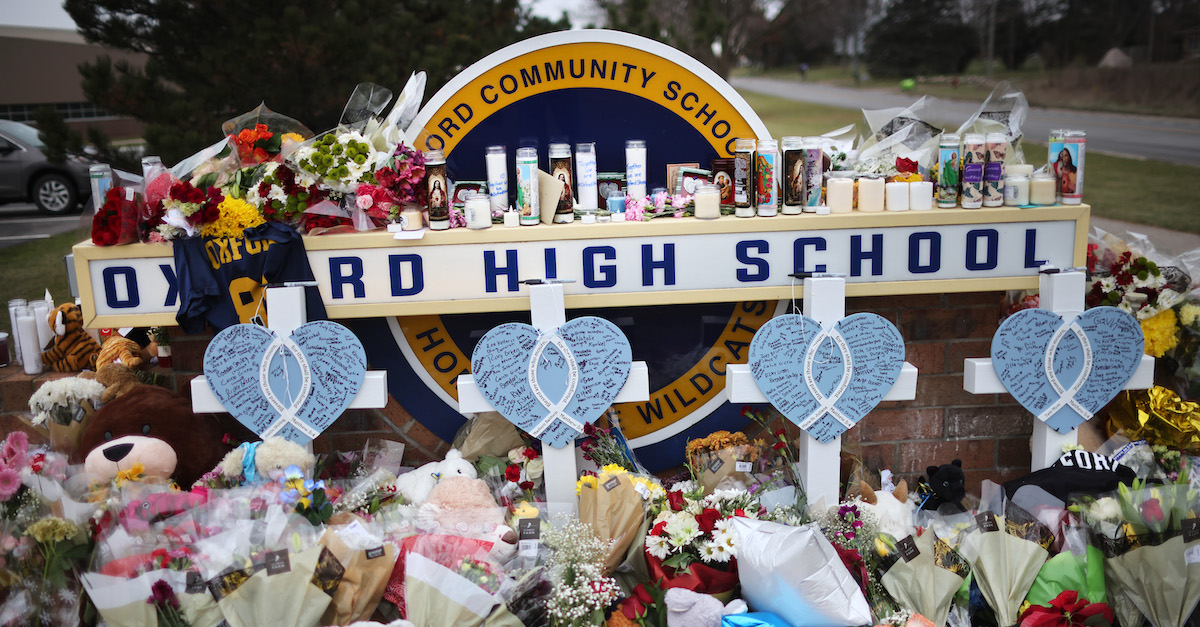 A memorial outside of Oxford High School was photographed on Dec. 3 2021 in Oxford, Michigan. Four students were killed and seven others injured on November 30, when student Ethan Crumbley allegedly opened fire with a pistol at the school. (Photo by Scott Olson/Getty Images.)
