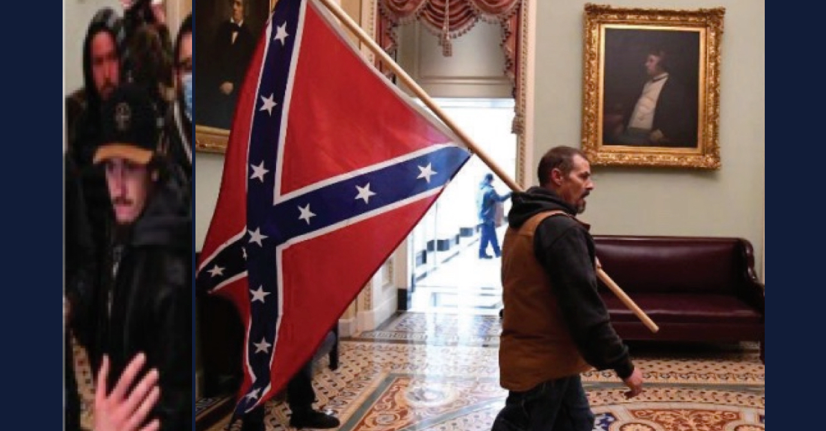 Left: Hunter Seefried is seen inside the U.S. Capitol on Jan. 6. Right: Kevin Seefried is seen carrying a Confederate flag in the U.S. Capitol on Jan. 6. 
