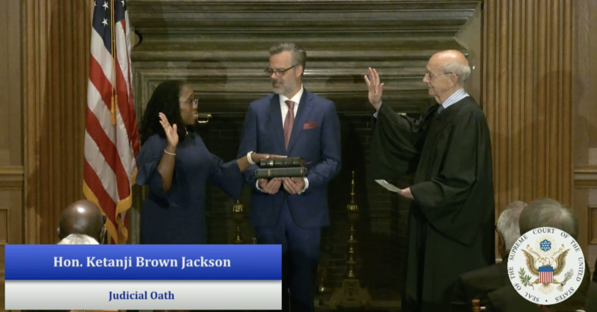 Justice Ketanji Brown Jackson is sworn in by Stephen Breyer