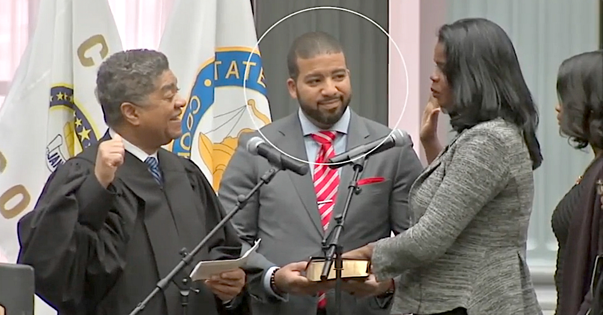 Kelley Foxx (circled in center frame) and Kim Foxx (right) were seen together in video taken at a swearing-in ceremony. (Image via a screengrab from WLS-TV file footage.)