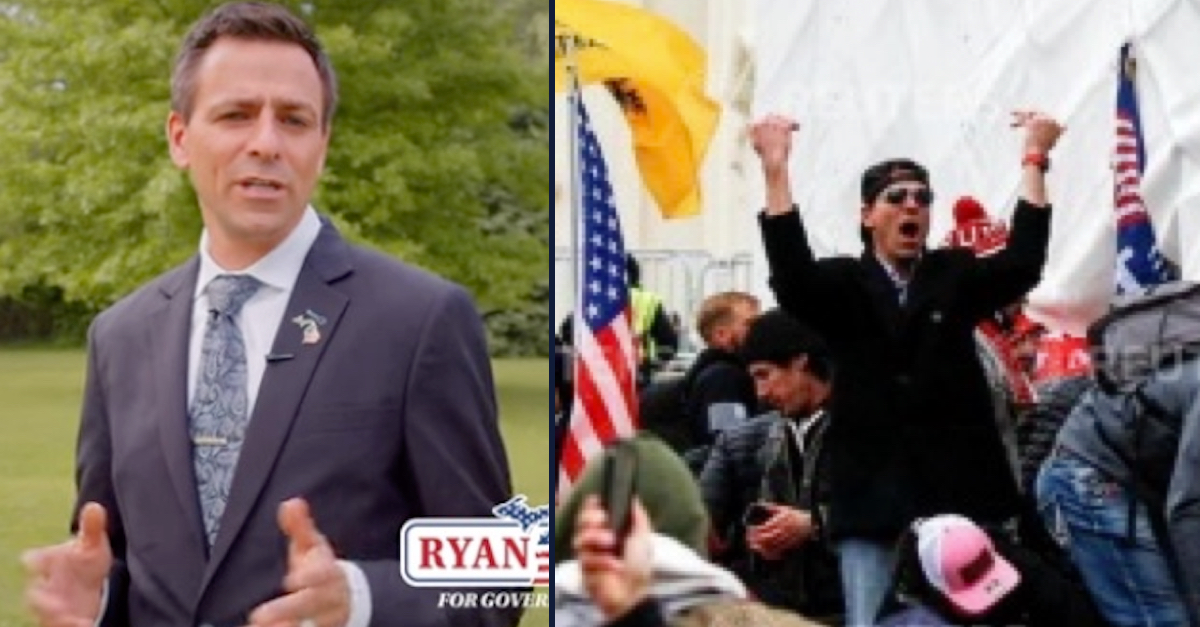 Left: Ryan Kelley in a campaign ad on his YouTube page. Right: Kelley among the crowd at the Capitol on Jan. 6.