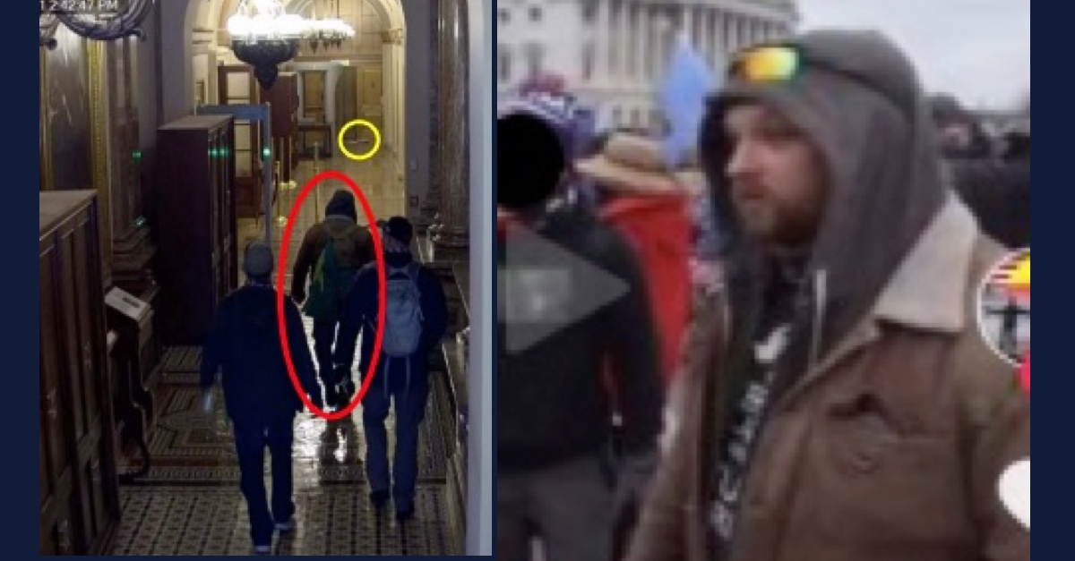 Ryan Suleski is seen walking inside the Capitol building toward papers on the floor on Jan. 6, left; at right, he is seen giving an interview to the BBC after leaving the Capitol on Jan. 6.