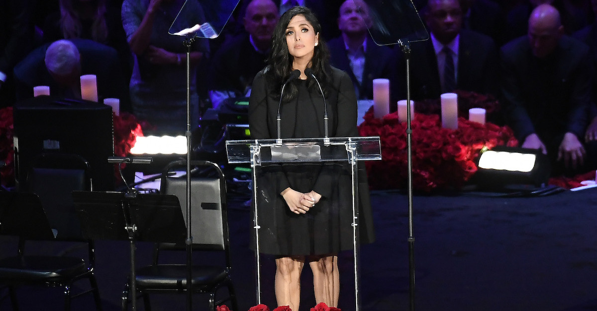 Vanessa Bryant stands at a podium during the memorial service for her husband, Kobe Bryant, and their daughter Gianna