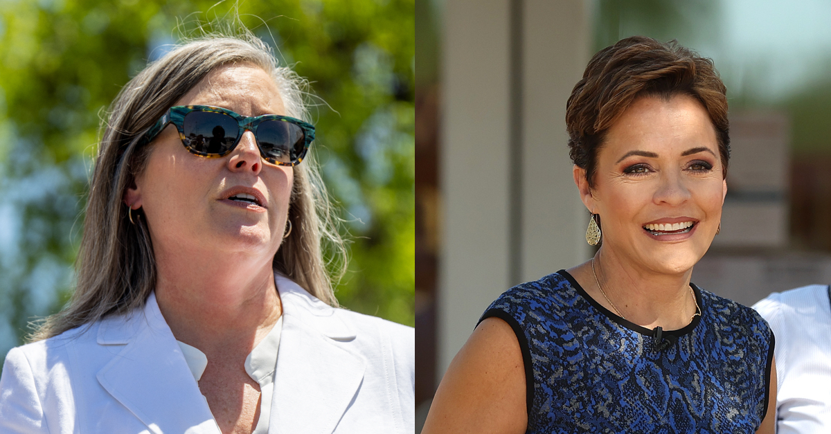 Left: Arizona Secretary of State Katie Hobbs (D) speaks to reporters at a news conference Aug. 2, 2022 (Photo by Brandon Bell/Getty Images). Right: Kari Lake (R) exits a polling station after voting in the Arizona primary on Aug. 2, 2022 (Photo by Justin Sullivan/Getty Images).