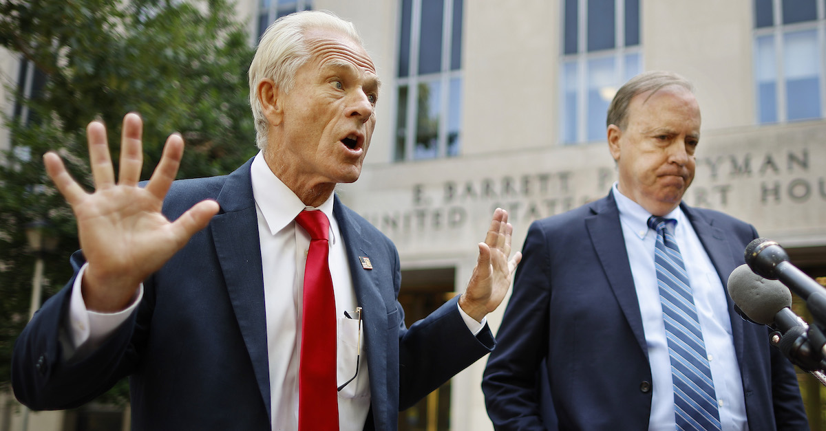 WASHINGTON, DC - JUNE 17: Former Trump White House Advisor Peter Navarro (L) talks to reporters with his new attorney John Rowley after Navarro was arraigned at the Prettyman U.S. Courthouse on June 17, 2022 in Washington, DC. A federal grand jury indicted Navarro for contempt of Congress after he refused to cooperate with the House January 6 Committees investigation. (Photo by Chip Somodevilla/Getty Images)