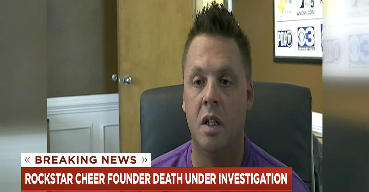 Since-deceased Rockstar Cheer founder Scott Foster appears on a local news broadcast in South Carolina
