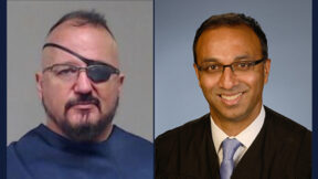 Right: Oath Keepers founder and leader Stewart Rhodes. Left: U.S. District Judge Amit Mehta.