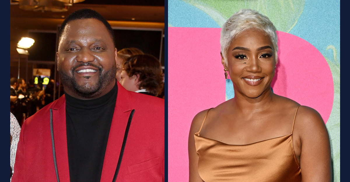 Left: Aries Spears is seen on Jan. 25, 2020, arriving at the Adult Video News Awards in Las Vegas. Right: Tiffany Haddish is pictured at the Aug. 2, 2022 premiere of "Easter Sunday" in Hollywood.