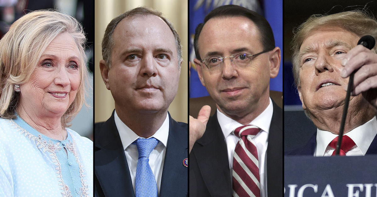 Four photos show Hillary Clinton, Adam Schiff, Rod Rosenstein, and Donald Trump.