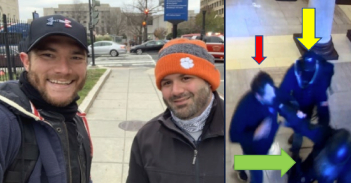 Left: Darrell Youngers takes a selfie of himself and co-defendant George Tenney (Youngers in cap, Tenney in orange knit hat). Right: Youngers, indicated by a yellow arrow, and Tenney, indicated by a red arrow, face off against a Capitol Police officer inside the U.S. Capitol on Jan. 6. (Images via FBI court filing.)