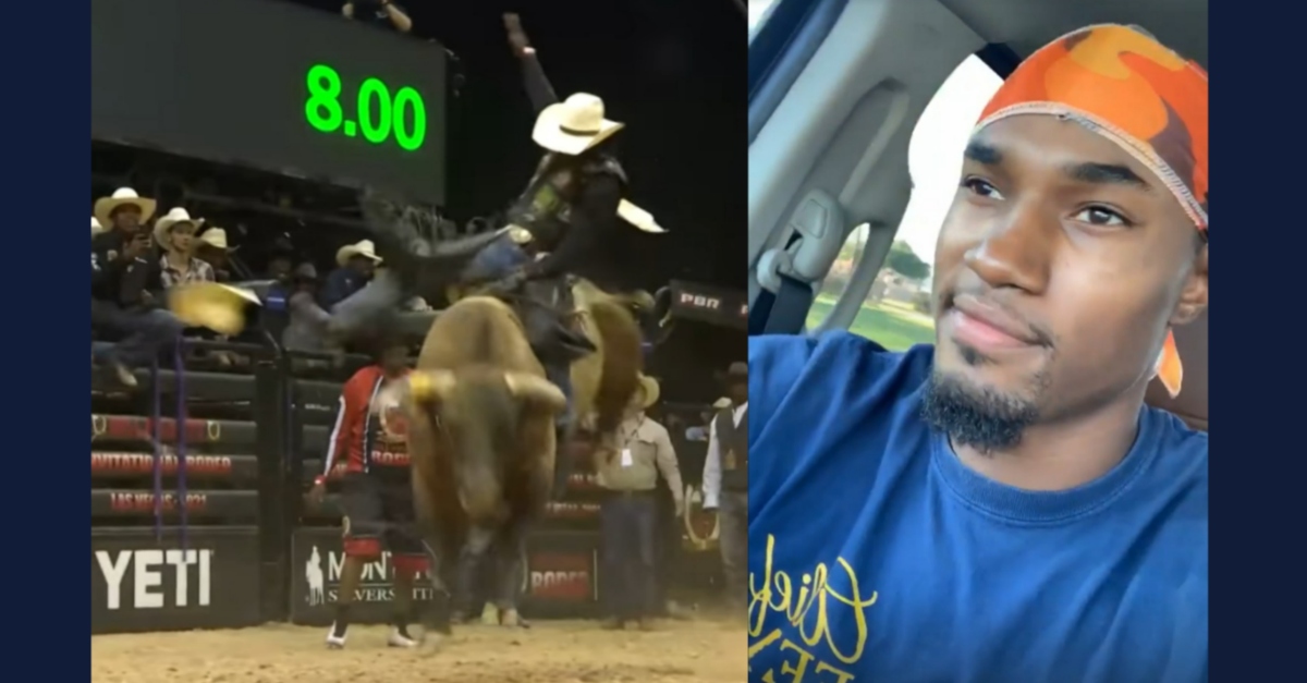 Left: Demetrius Omar Lateef Allen, professionally known as Ouncie Mitchell, completing an 8-second ride to win the Bill Pickett Invitational Rodeo in 2021. Right: Allen, via his Instagram account.