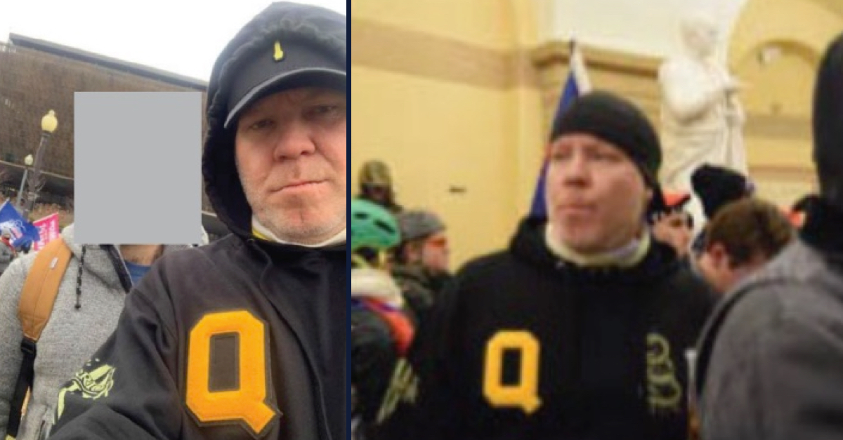 Left: Kenneth Grayson, wearing a shirt or jacket emblazoned with a yellow "Q," takes a selfie of himself the morning of Jan. 6. Right: Grayson pictured inside the Capitol on Jan. 6.