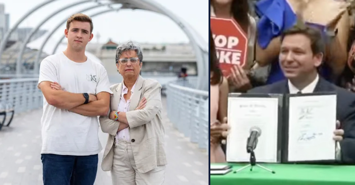 Left: Sam Rechek and Adriana Novoa, suing over Florida's so-called "Stop WOKE Act," are pictured in front of a bridge. Right: Ron DeSantis is seen holding the Stop WOKE Act at the signing of the bill.