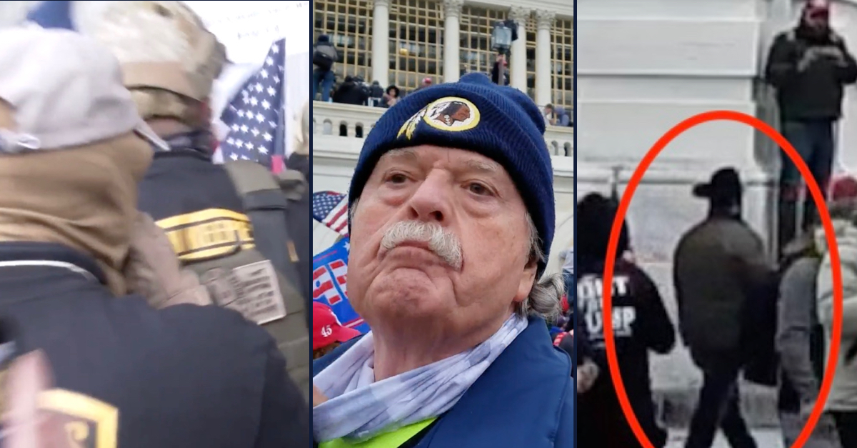 Left: the backs of Oath Keepers members, including Kelly Meggs (with patches on vest or backpack); Thomas Caldwell; Stewart Rhodes outside the U.S. Capitol on Jan. 6.