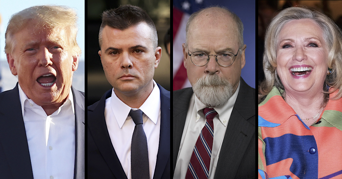 Four separate photos show Donald Trump, Igor Danchenko, John Durham, and Hillary Clinton.