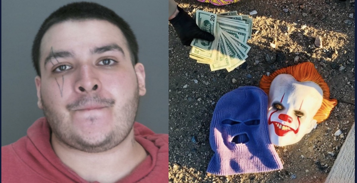 A mug shot of a man and a photo of a clown mask and cash